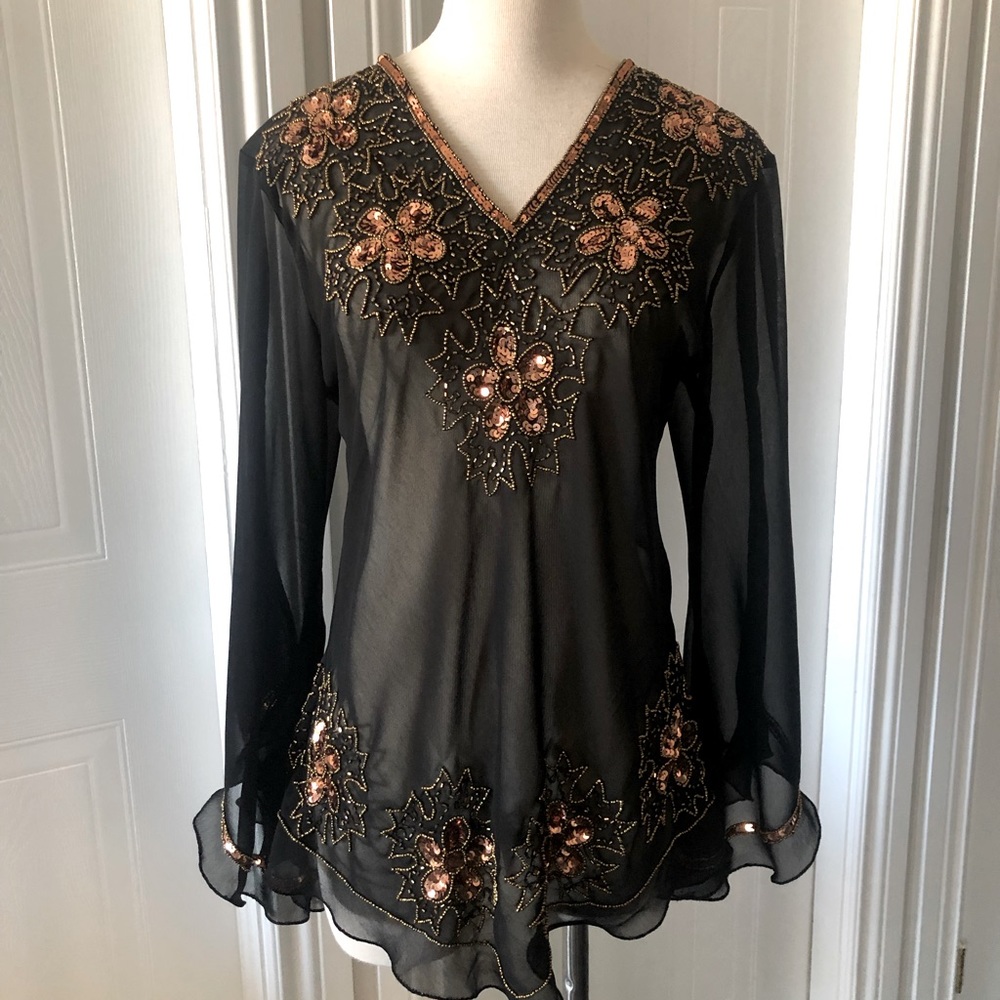 Sheer Top with Copper Sequin Detail and Bell Sleeves